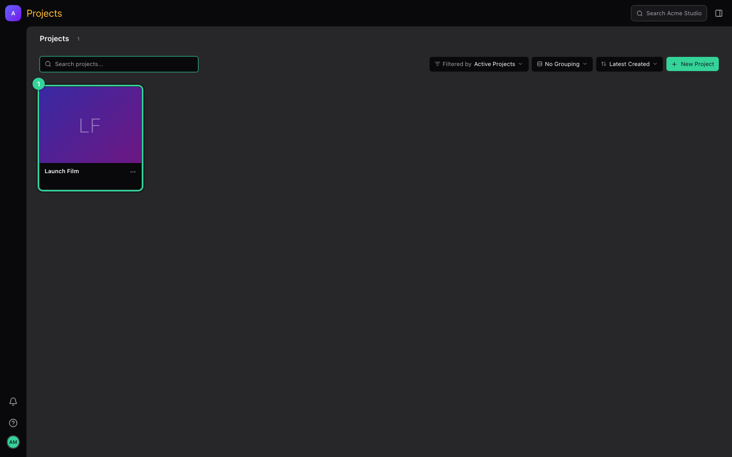 The Projects page with the Launch Film project card highlighted