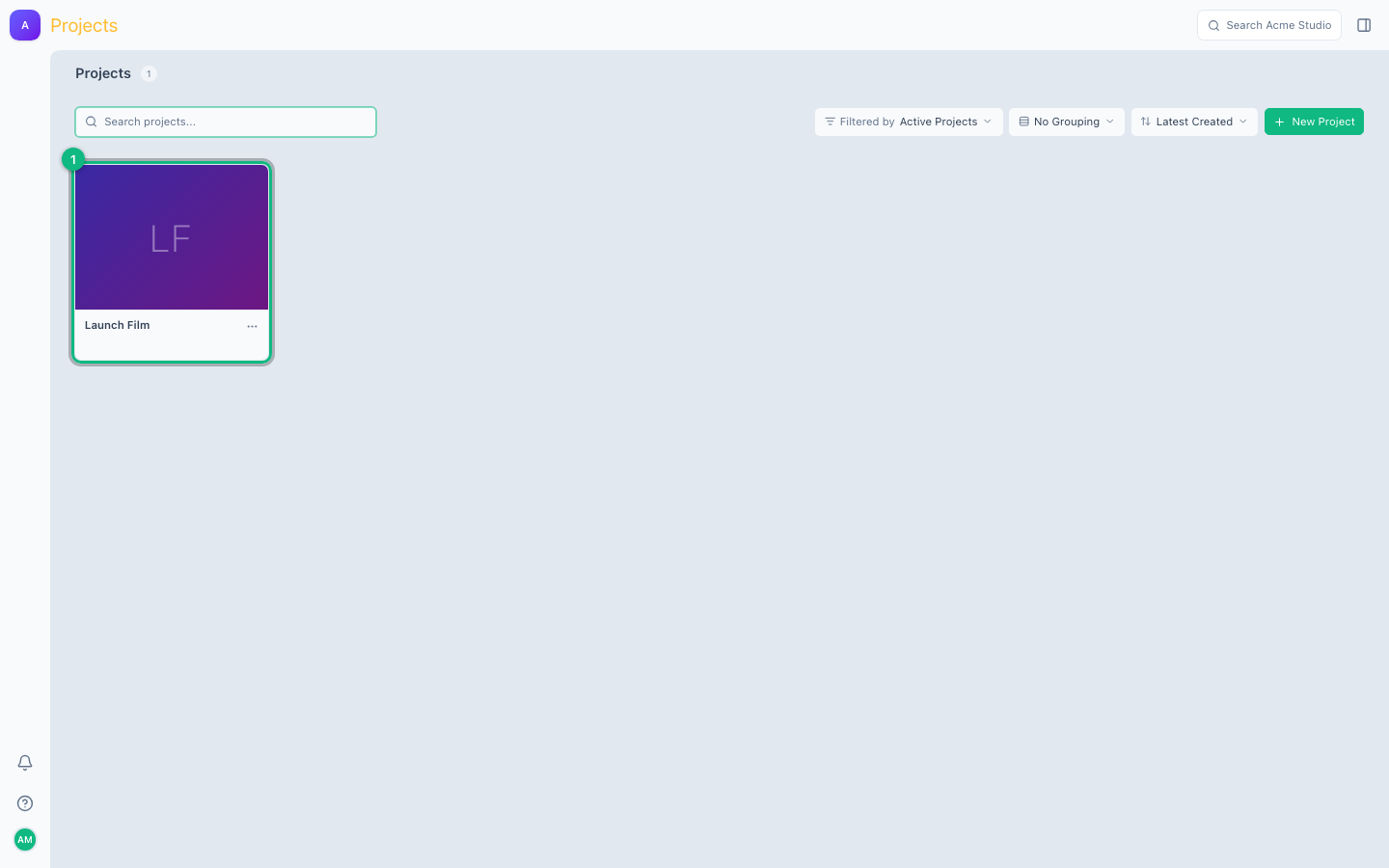 The Projects page with the Launch Film project card highlighted