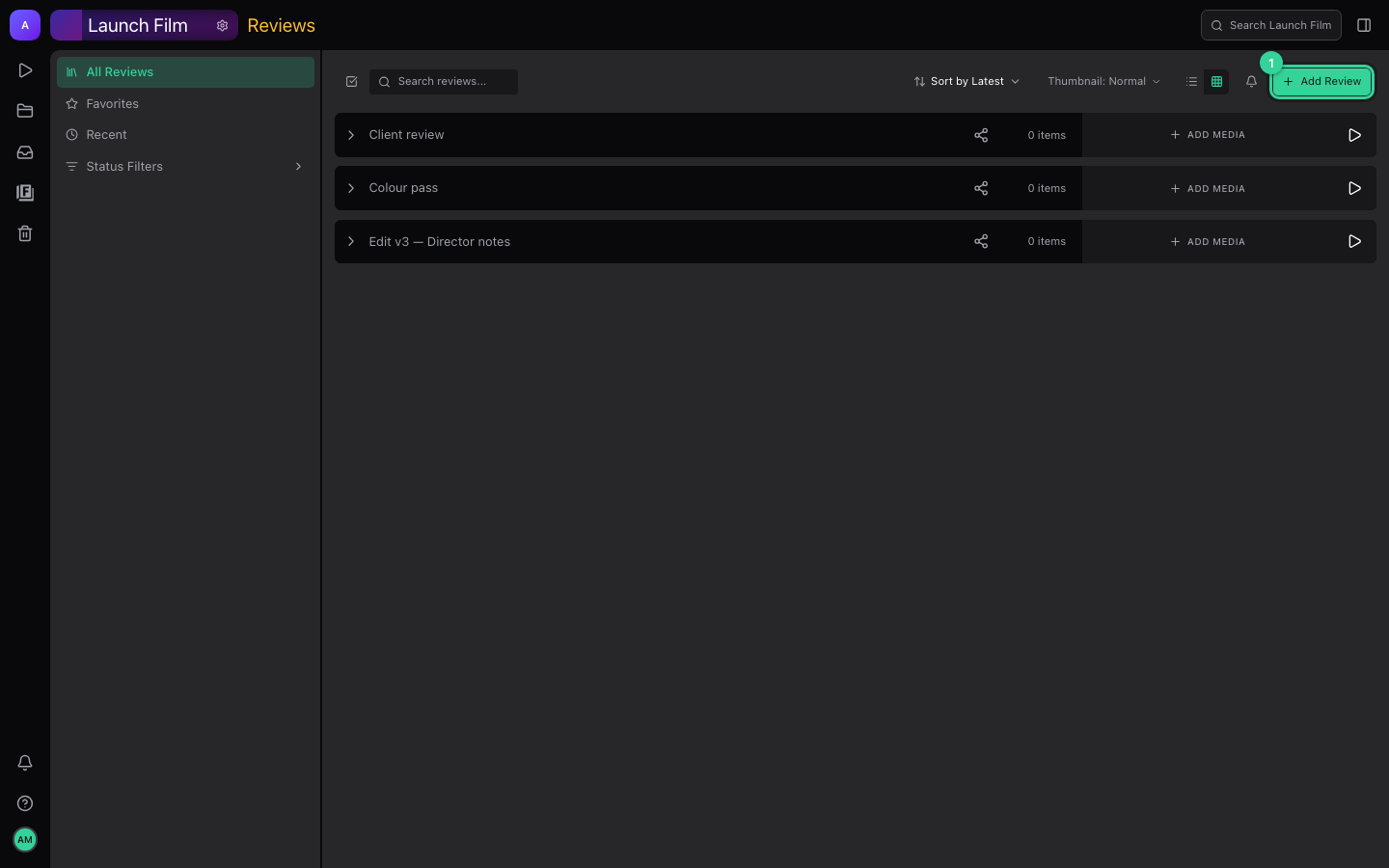 The Reviews list of the Launch Film project with the Add Review button highlighted